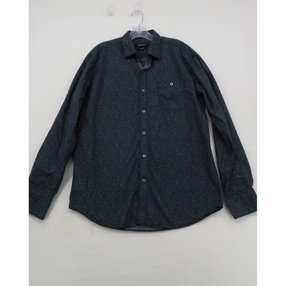 Bugatchi Mens Shaped Fit Long Sleeve Button Down Shirt Navy Speckle Print Large